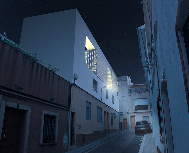 Vista nocturna Beghaus, ampliación de vivienda en Mataró